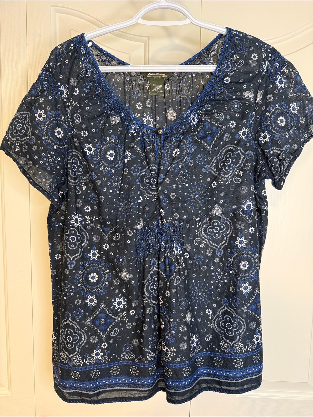 Eddie Bauer Navy Blue Paisley Short-Sleeve Peasant Top